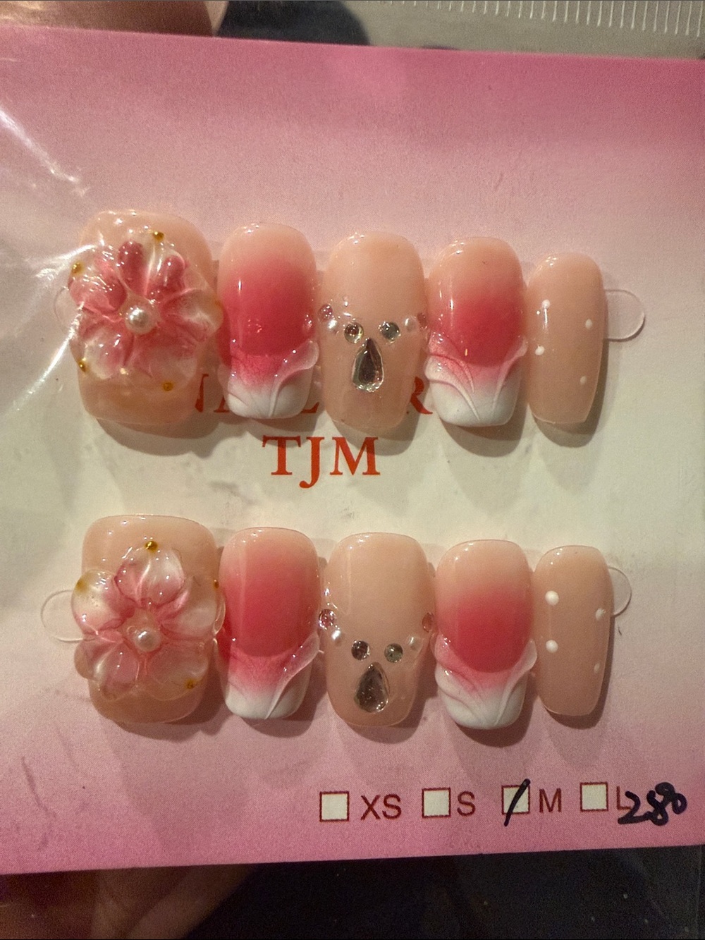 3D Pink Ombre Floral Press-On Nails with Rhinestones